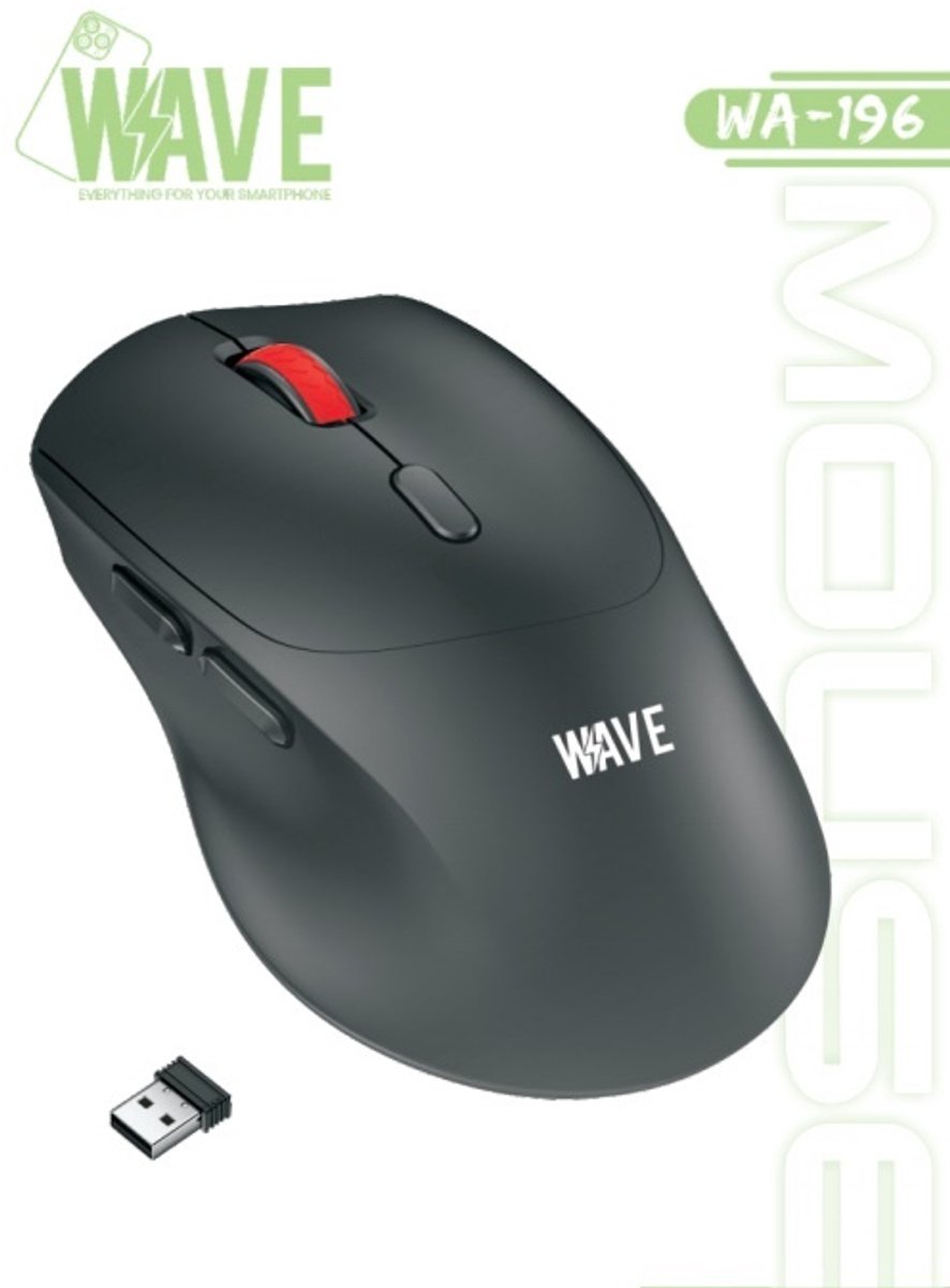 Wave | Draadloze Muis | Muis op Batterijen | 2.4G Draadloos | Draadloze USB Dongle | 800 - 1200 - 1600 DPI | Windows & MacOS | Zwart