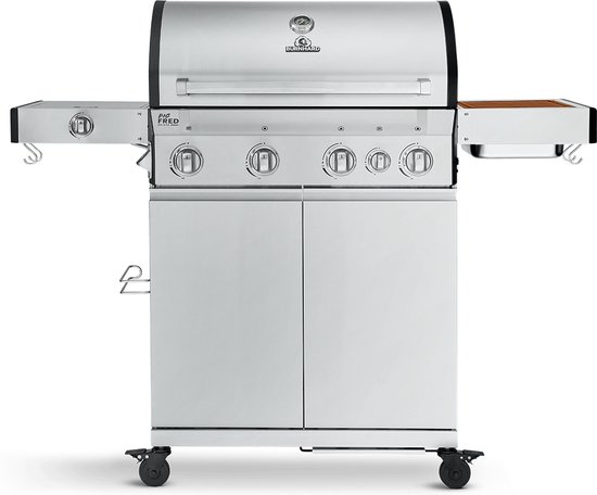 BURNHARD® 4 Branders gasbarbecue Big FRED Deluxe Series 3 incl. achterbrander, keramische 900°C infraroodbrander, zijkookplaat, gietijzeren grillrooster + uitklapbare zijtafels