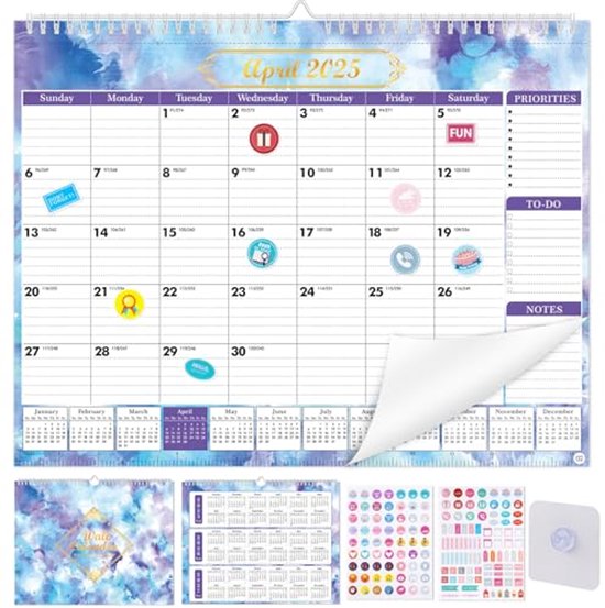 Grote Wandkalender 2025-2026 met Doe-Het-Zelf Stickers en Zelfklevende Haken - 18 Maanden Planningskalender