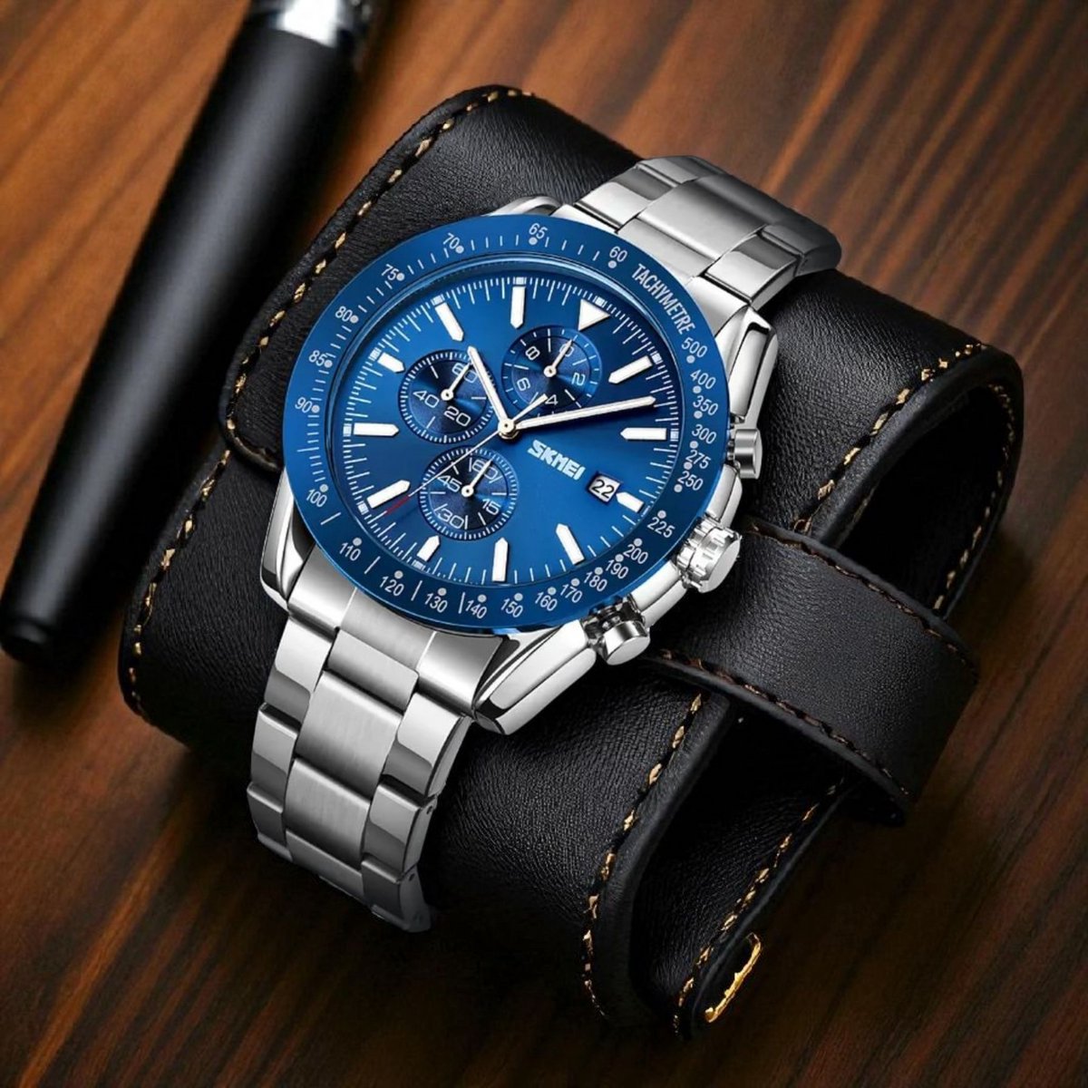 SKMEI Heren Chronograaf Horloge Zilver - blauw - Quartz Beweging met Datum en Stopwatch - Robuust Zinc Legering Design in 4 Kleuren