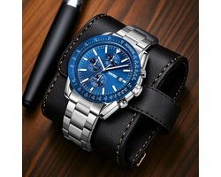 SKMEI Heren Chronograaf Horloge Zilver - blauw - Quartz Beweging met Datum en Stopwatch - Robuust Zinc Legering Design in 4 Kleuren
