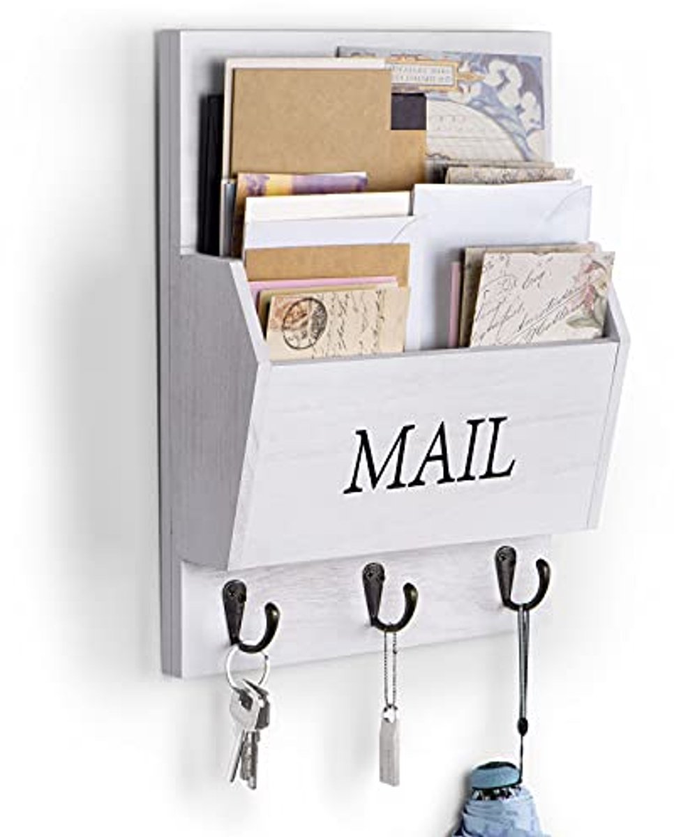 Houten Mail Sorter Organizer voor Muur met 3 Haken - Witte Sleutel en Mail Houder