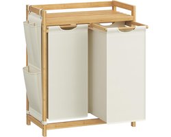 SONGMICS - wasmand 2 compartimenten - totaal 100 liter - wassorteerder - wasmand meubel - bamboe - met plank - 63 x 33 x 78 cm - crèmewit / houtkleurig