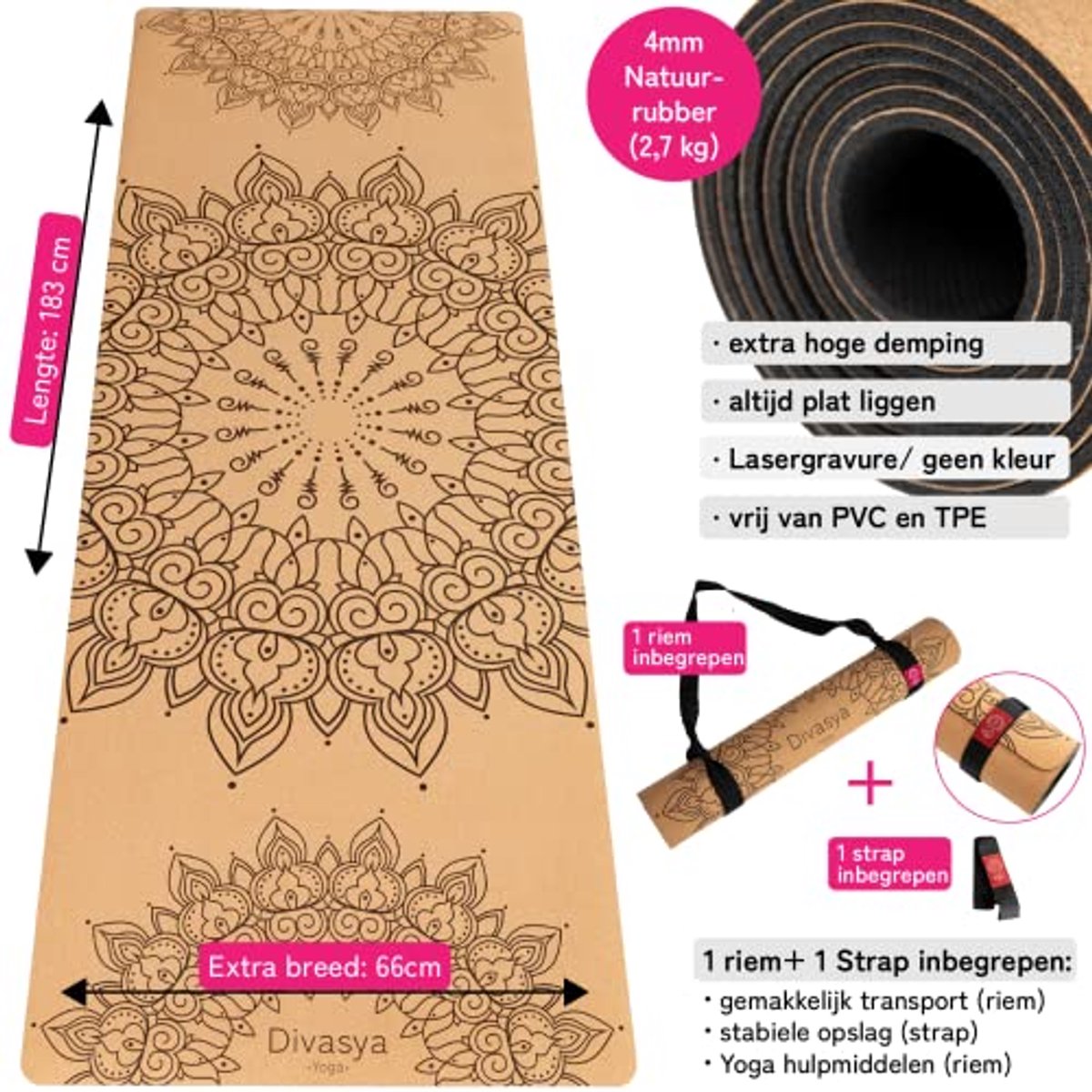 Premium yogamat met kurk en antislip van natuurlijk rubber - Duurzaam en comfortabel (183 x 66 x 0,4 cm)