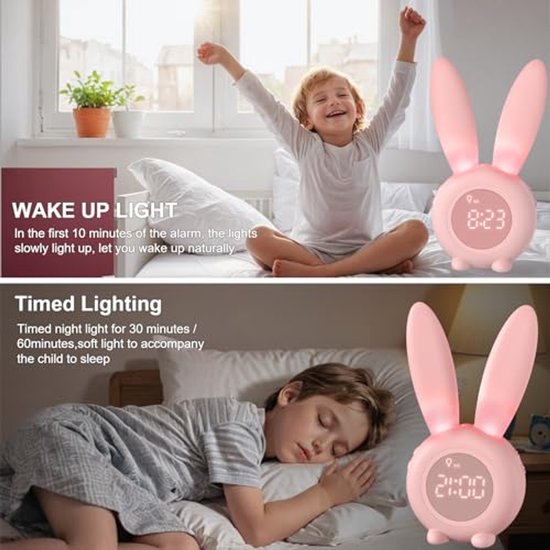 Lichtwekker voor Kinderen - Schattige Kinderwekker met Nachtlampje en Snooze-Functie - Creatief Cadeau voor Meisjes in Roze van TekHome — afbeelding 3
