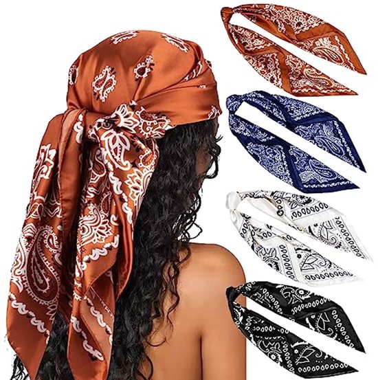 DRESHOW 4 Stuks Vierkante Satijnen Hoofddoeken Haar Sjaals Zijden Accessoires Klassieke Gedessineerde Gtrand Bandana's voor Vrouwen DRESHOW 4 Stuks Vierkante Satijnen Hoofddoeken Haar Sjaals Zijden Accessoires Klassieke Gedessineerde Gtrand Bandana's voor Vrouwen
