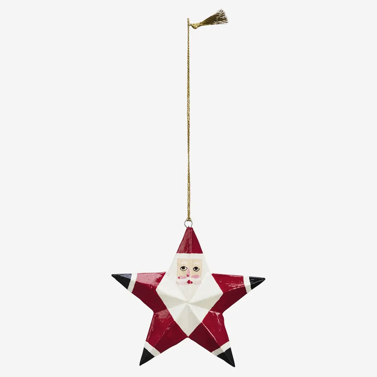 Handbeschilderde houten Santa Kersthanger uit Kashmir - ornament in vrolijke kleuren.