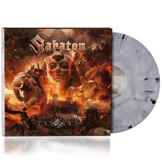 Sabaton Legends albumhoes met Egyptische sfinx, olifant, draak en legendarische figuren. Grijs gespikkeld vinyl.