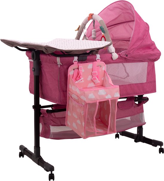 Sorinos Co-Sleeper - 4-in-1 babybed - Aankleedtafel peuter - speelboog - luiertas - verstelbaar - roze