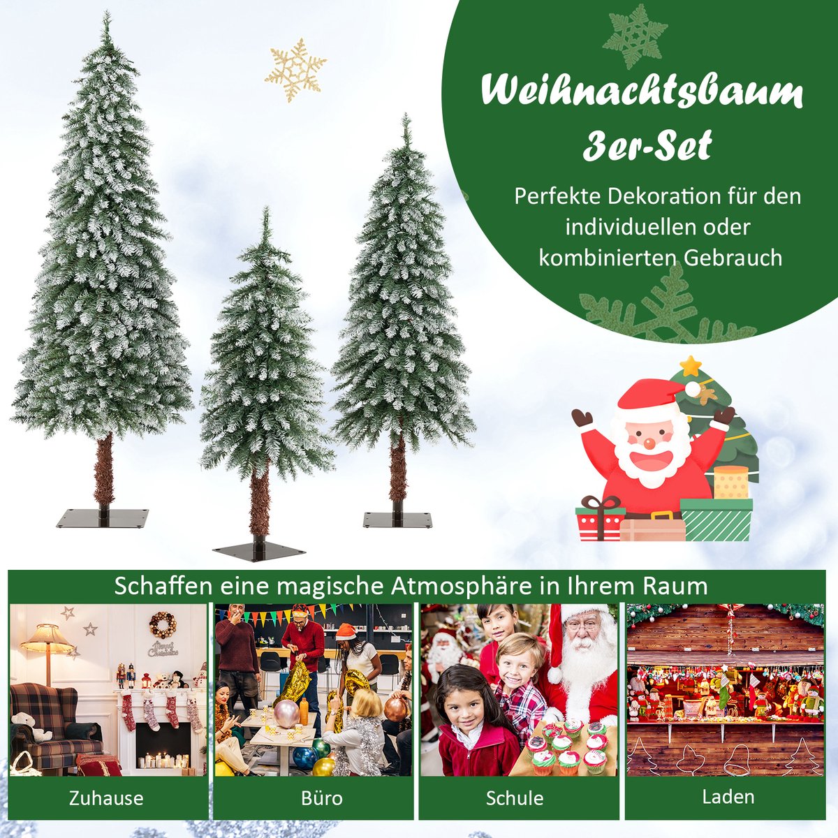 COSTWAY Kunstkerstboom, 3-delig, 90 + 120 + 150 cm, Kerstboom met sneeuw en warm witte ledlampen, smalle dennenboom met metalen standaard, besneeuwde Kunstboom, pvc-naalden, groen – foto 6