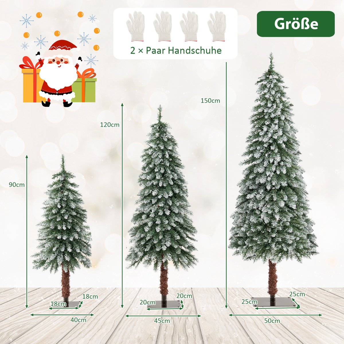 COSTWAY Kunstkerstboom, 3-delig, 90 + 120 + 150 cm, Kerstboom met sneeuw en warm witte ledlampen, smalle dennenboom met metalen standaard, besneeuwde Kunstboom, pvc-naalden, groen – foto 4
