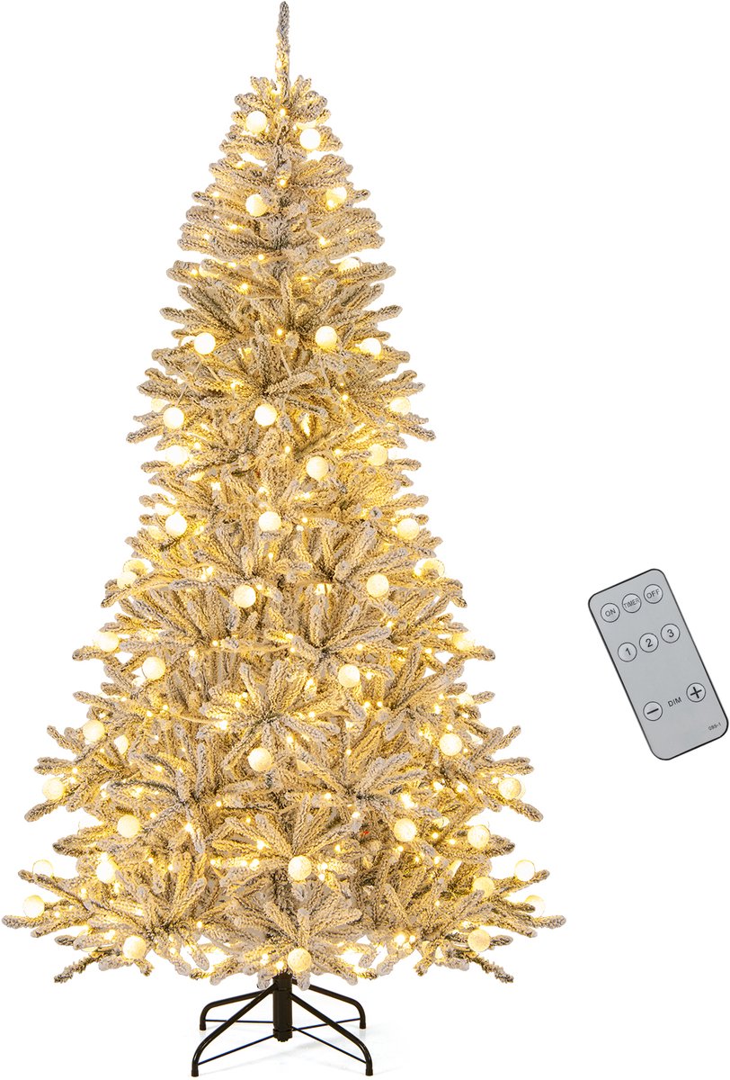 COSTWAY Kunstkerstboom van 210 cm met verlichting en sneeuw, dennenboom met 350 warmwitte ledlampen, 65 kogellampen, afstandsbediening en timer, kerstboom voor thuis