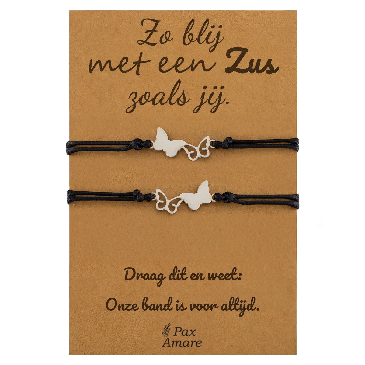 Vriendschapsarmbandjes voor 2 "Zo blij met een zus zoals jij" - Vlinders - Sisters Armbandjes met Cadeau Kaartje - Zilverkleurig - Elastisch Verstelbaar - Pax Amare