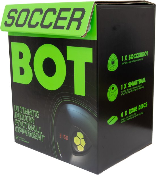 Verpakking van de SoccerBot, Ultimate indoor voetbalopponent, met afbeeldingen van de inhoud.