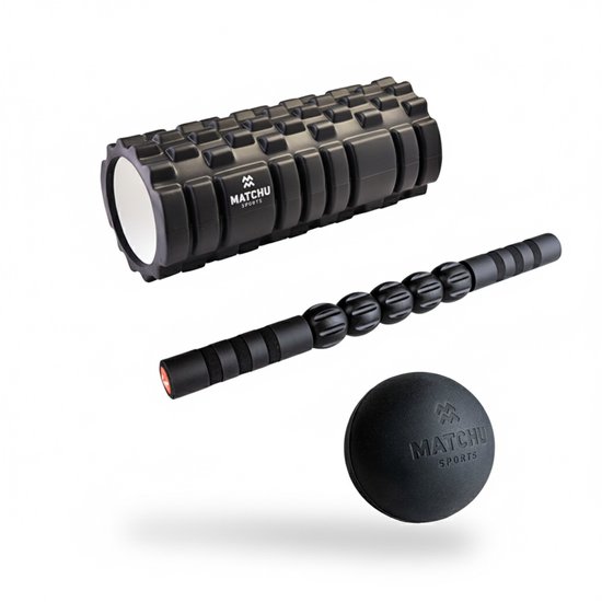 Matchu Sports - Foam roller set - Foamroller - Massage roller - Lacrosse bal - Massage bal -Massage stick roller - Zwart - Complete Massage set - 3 in 1