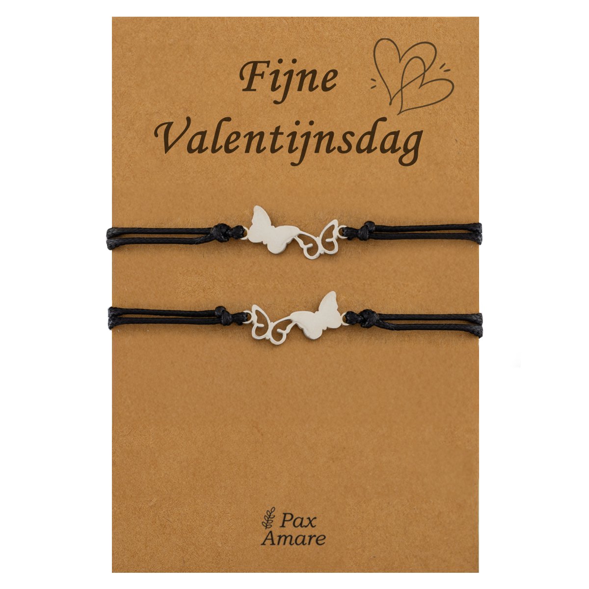 Koppel Armbandjes voor 2 "Fijne Valentijnsdag" - Vlinders - Vriendschapsarmbandjes met Persoonlijk Cadeau Kaartje - Zilverkleurig - Elastisch Verstelbaar - Pax Amare