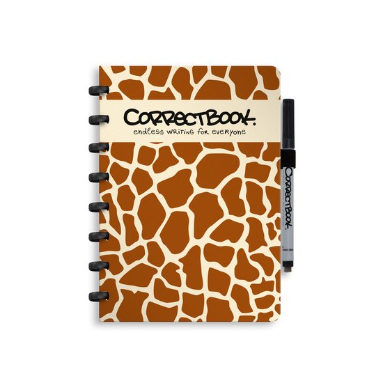 Cahier effaçable Correctbook A5 – Girafe curieuse – Ligné – Réutilisable – Stylo et lingette inclus – Possibilité d'ajouter des pages supplémentaires