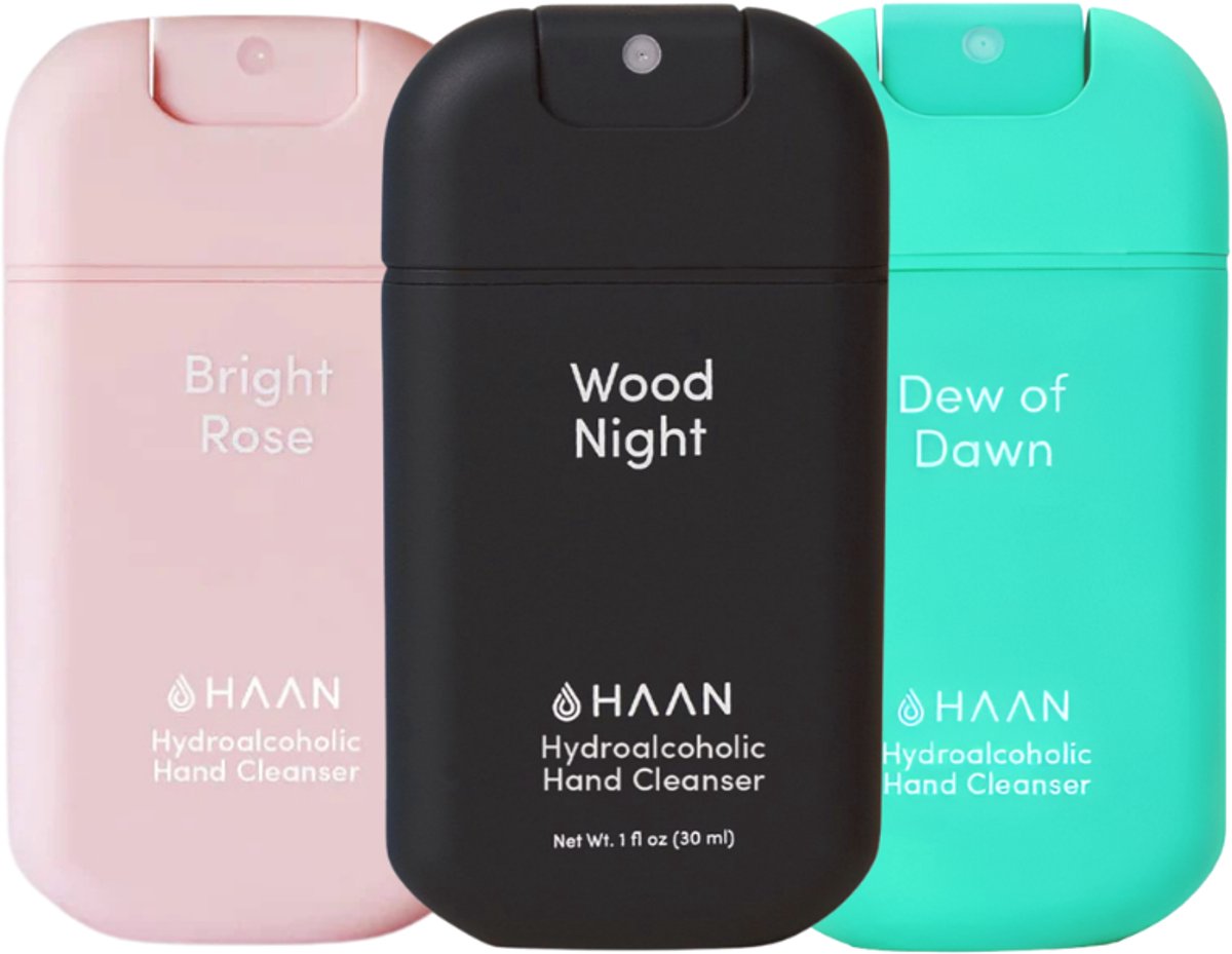 HAAN 3-Pack Mix Handspray Handverzorging Navulbaar 3x 30ml Dew of Dawn, Bright Rose & Wood Night