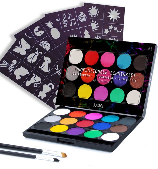 Joyage Schmink kinderen op waterbasis - 2 penselen & 4x sjabloon - Schminkset Elf Make up Kinderen Face paint palette Grime Schmink palet Sinterklaas halloween volwassenen wit Kinderschmink voor grimas - Witte schmink Smink accessoires zwart Grimeren