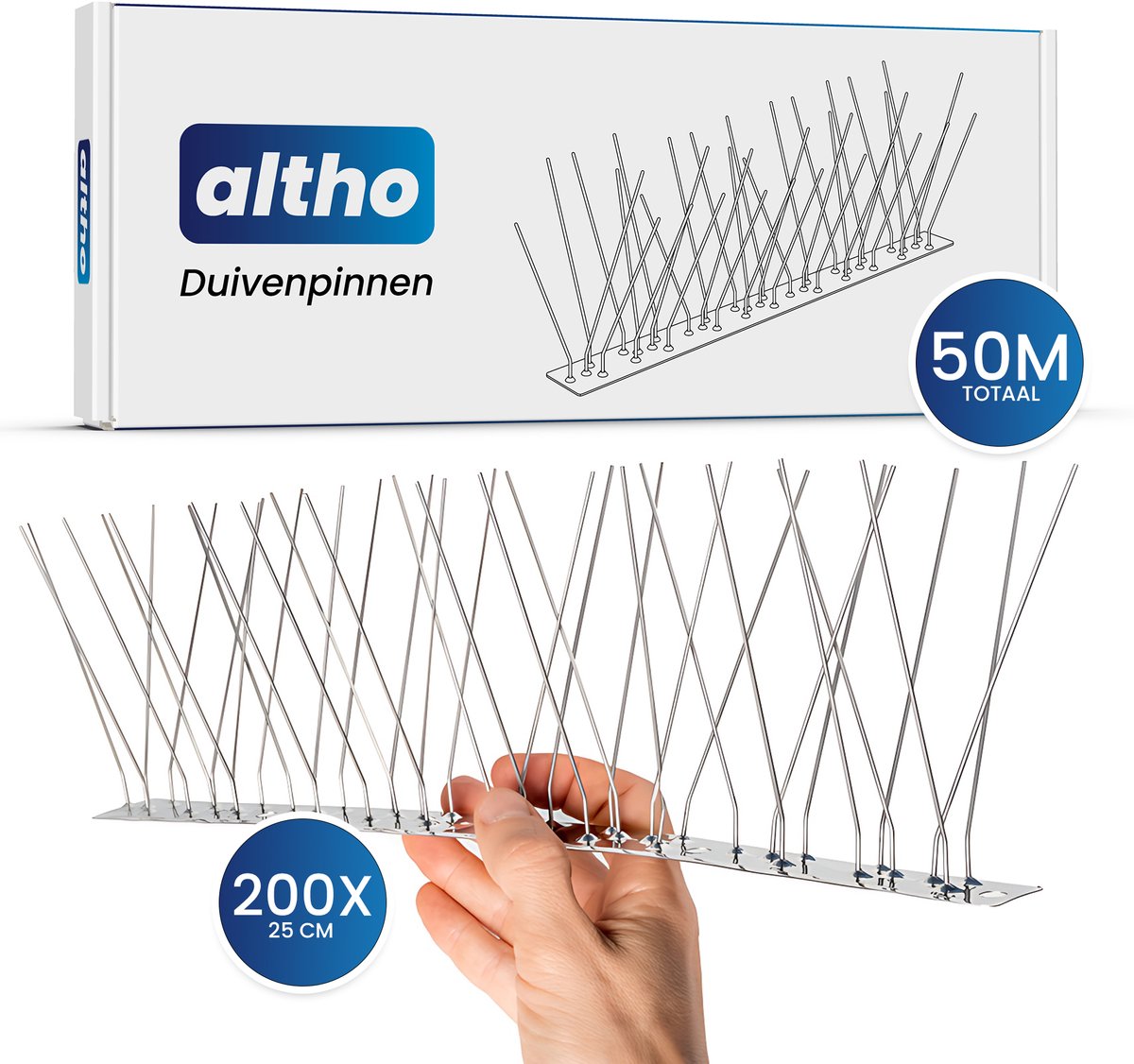 Altho Duivenpinnen RVS – 50 meter projectpack (200×25 cm) – Professionele vogelwering – Duivenverjager – Anti-klim strips – 2400 pinnen – 12 cm