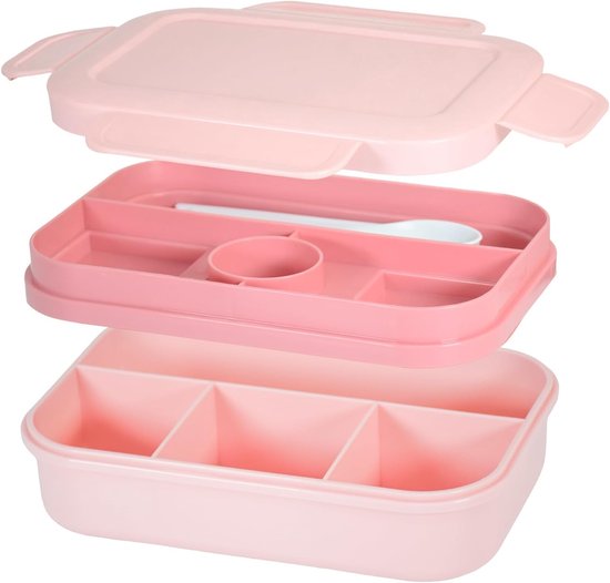 Boîte à lunch double empilable avec 8 compartiments - Boîte à falafels étanche - Comprend un ensemble de couverts (couteau/fourchette/cuillère) - Grande capacité, passe au micro-ondes - Rose