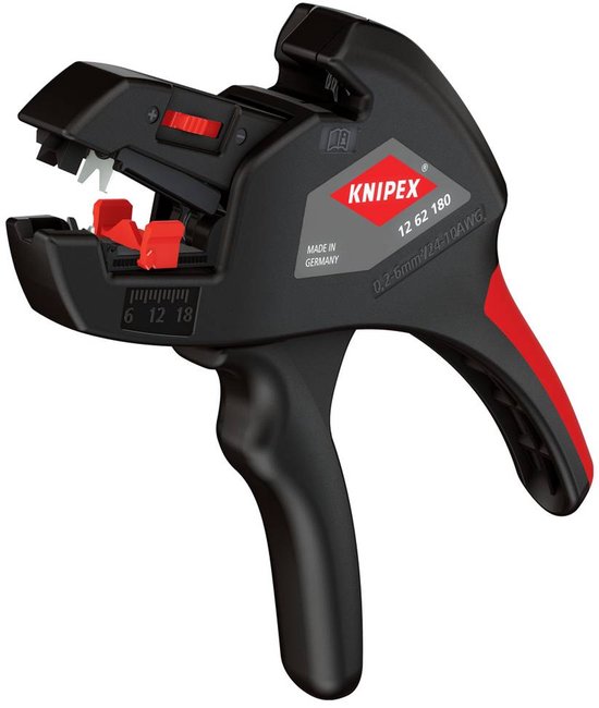 Zwarte kabelstripper met rode handgrepen. Met logo Knipex, Made in Germany en specificaties.
