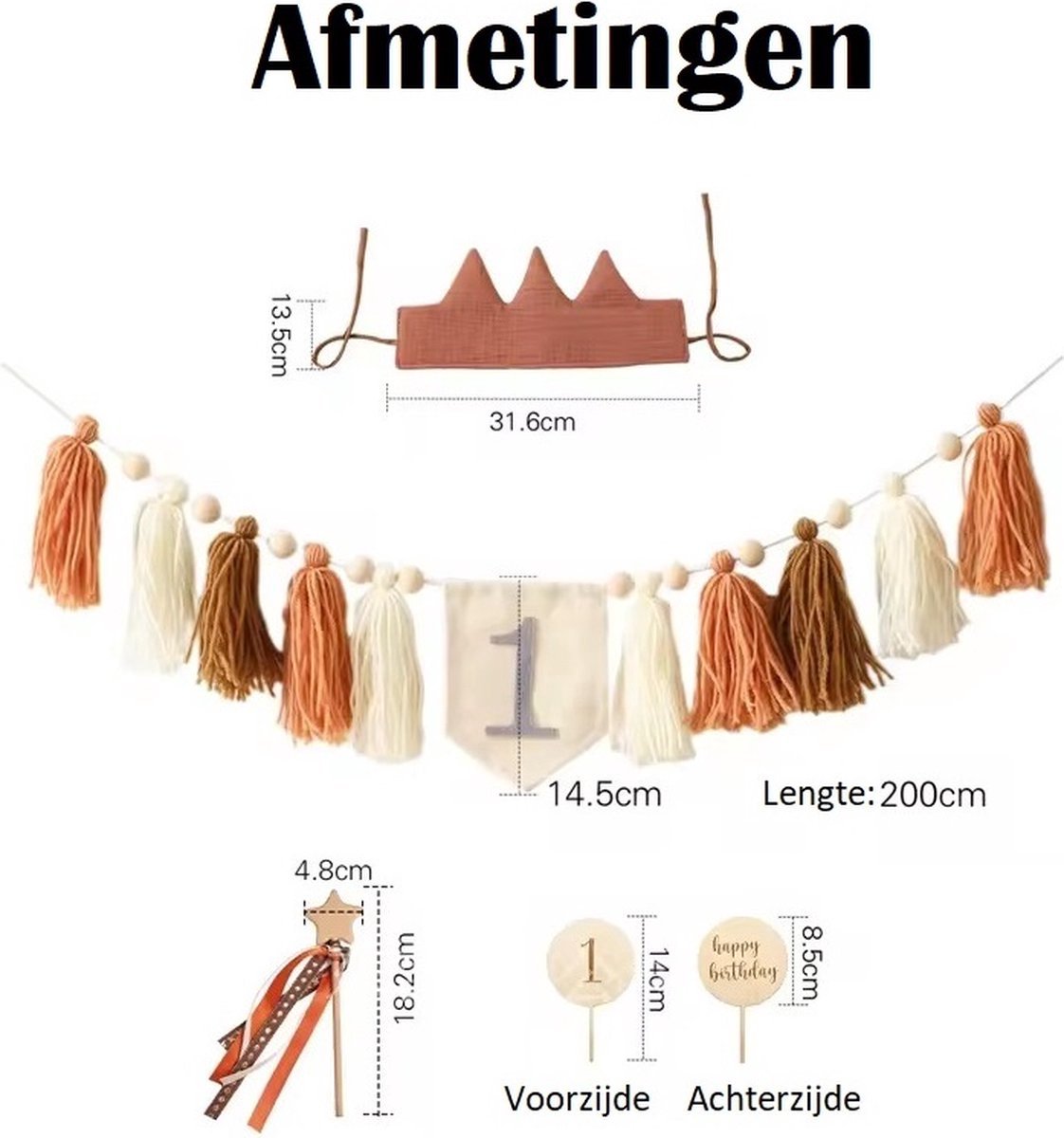 Feestpakket Verjaardag Kindje 1 jaar, 2 jaar, 3 jaar - Aardetinten en Hout - Verjaardagskroon - Verjaardagsslinger met Tassels - Toverstafje - Happy Birthday Houten Bord - Taarttopper — afbeelding 7