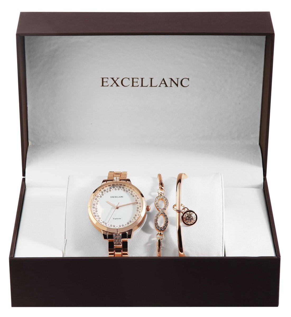Excellanc dameshorloge geschenkset rosegoud kleurig horloge en twee armbanden
