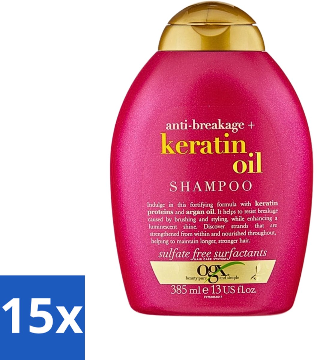 15 x OGX - Anti-Breakage Keratin Oil - Shampoo - Versterkend - Tegen Haarbreuk - 385 ml - Haarkracht - Haarbreuk - Keratine - Haarversterking - Arganolie