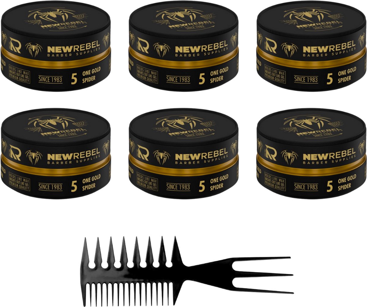 NEW REBEL One Gold Spider Hair Wax – 6x150ml + Styling Kam – Sterke Hold & Makkelijk Uitwasbaar - Haar Wax Mannen - 6 Stuks 900ML