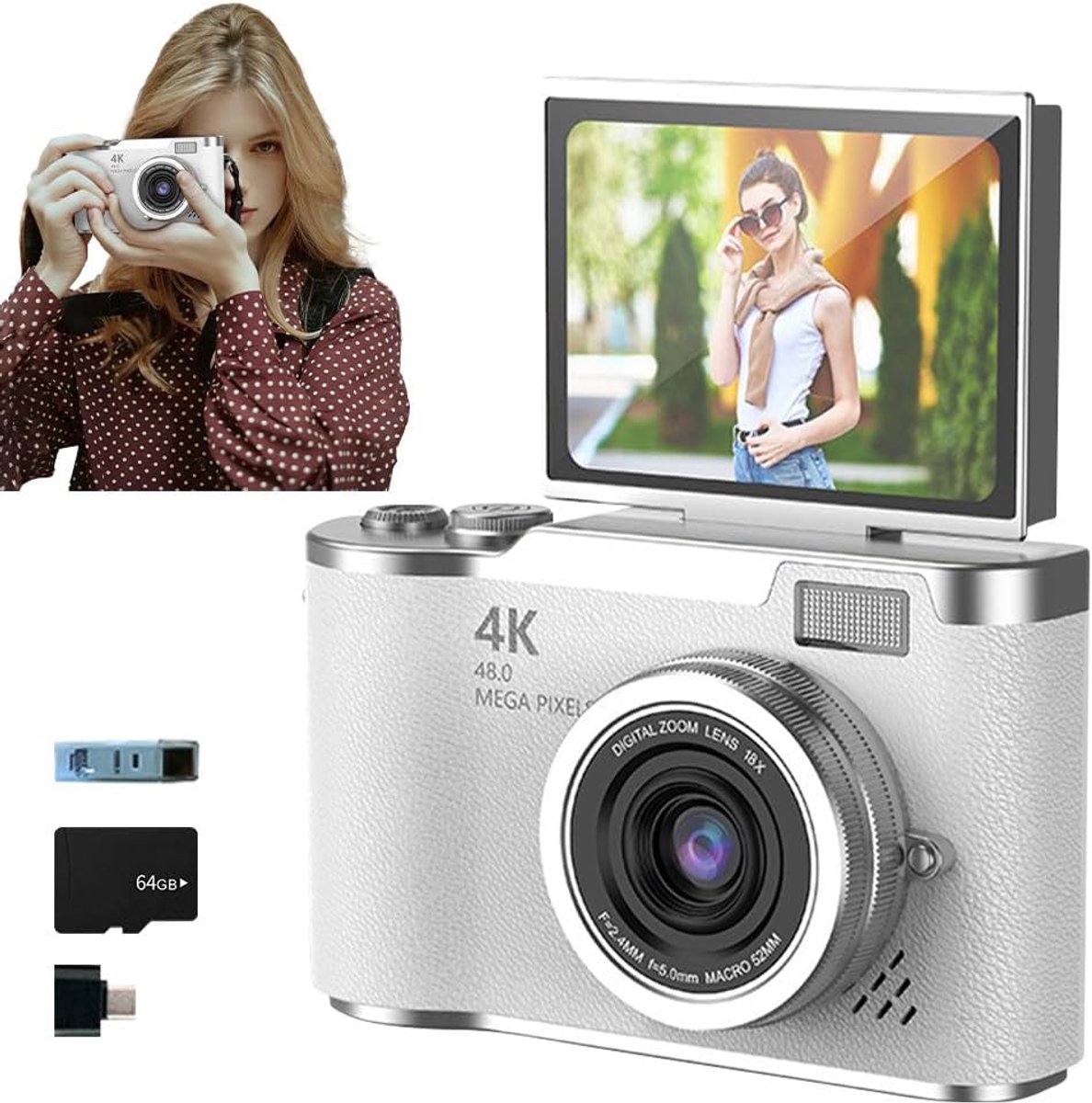 4K opvouwbare schermstudentencamera - 2025 Nieuwe point-and-shoot digitale camera's, FHD 4K digitale camera voor fotografie met kantelbaar scherm, 8x zoom 48MP digitale camera voor tieners en volwassenen (wit, 64 GB)