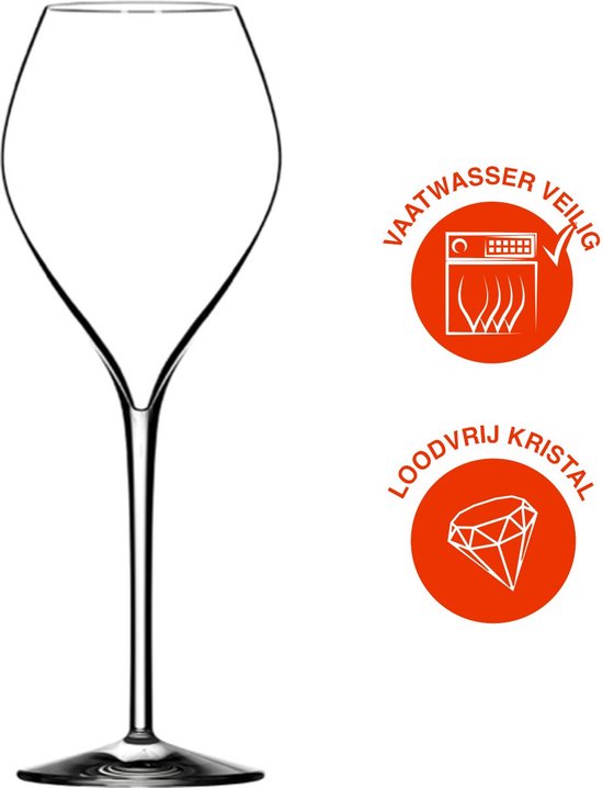 Lege champagneglas met pictogrammen voor vaatwasserbestendig en loodvrij kristal.