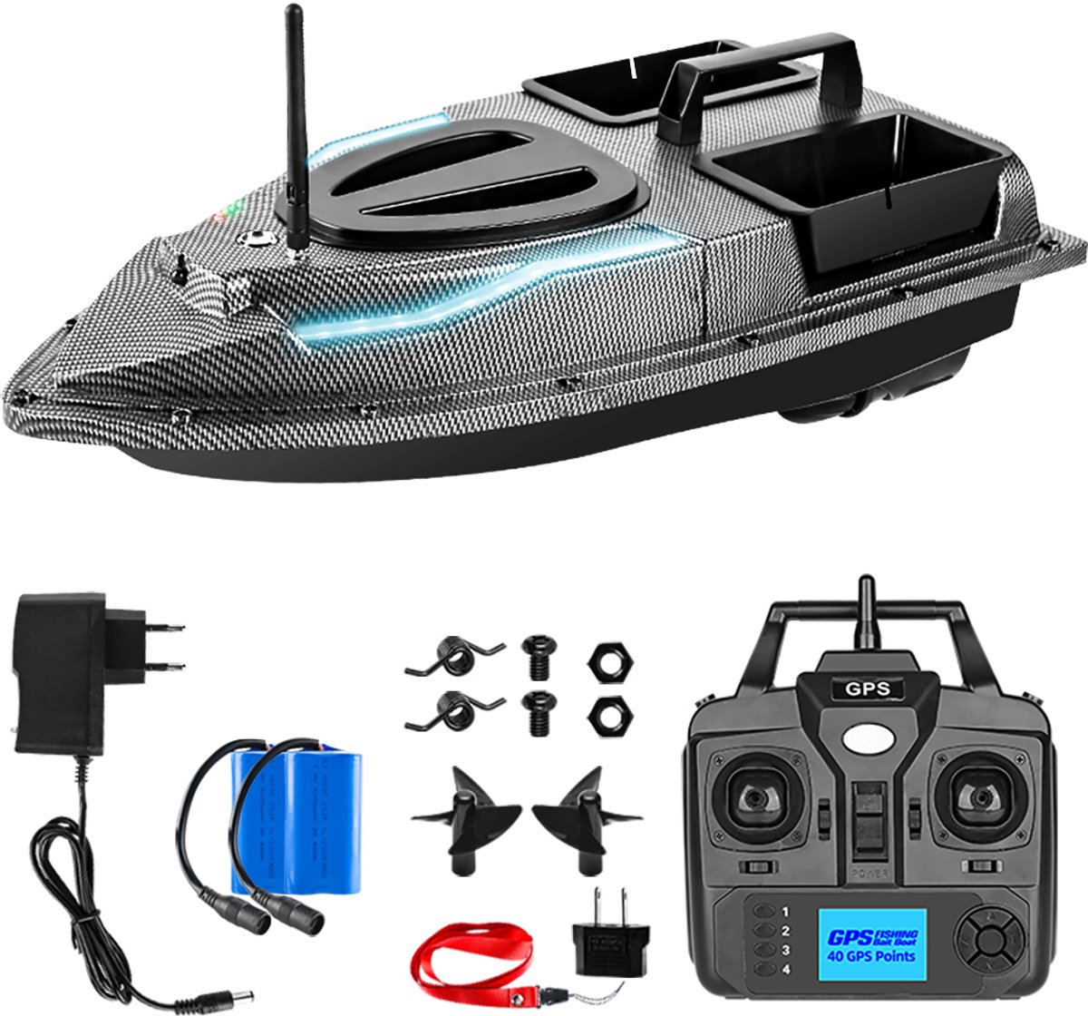 Gloovon® GPS Voerboot - Autopilot & 40 Waypoints - 500m Bereik - Dubbele Motor - Koolstofvezel Zwart