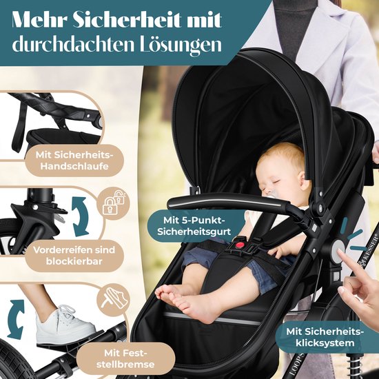 KESSER® Kinderwagen 3 in 1 Loops Wandelwagen Set incl. Autostoel & Reiswieg & Buggy Sportzitje - Massieve Rubberbanden - Luiertas / Regenhoes - Zwart van KESSER® — afbeelding 4