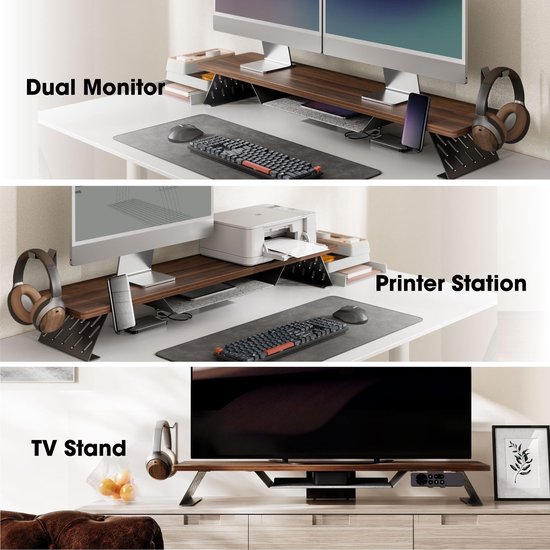 Aothia Grote monitorstandaard voor computerschermen, houten riser met