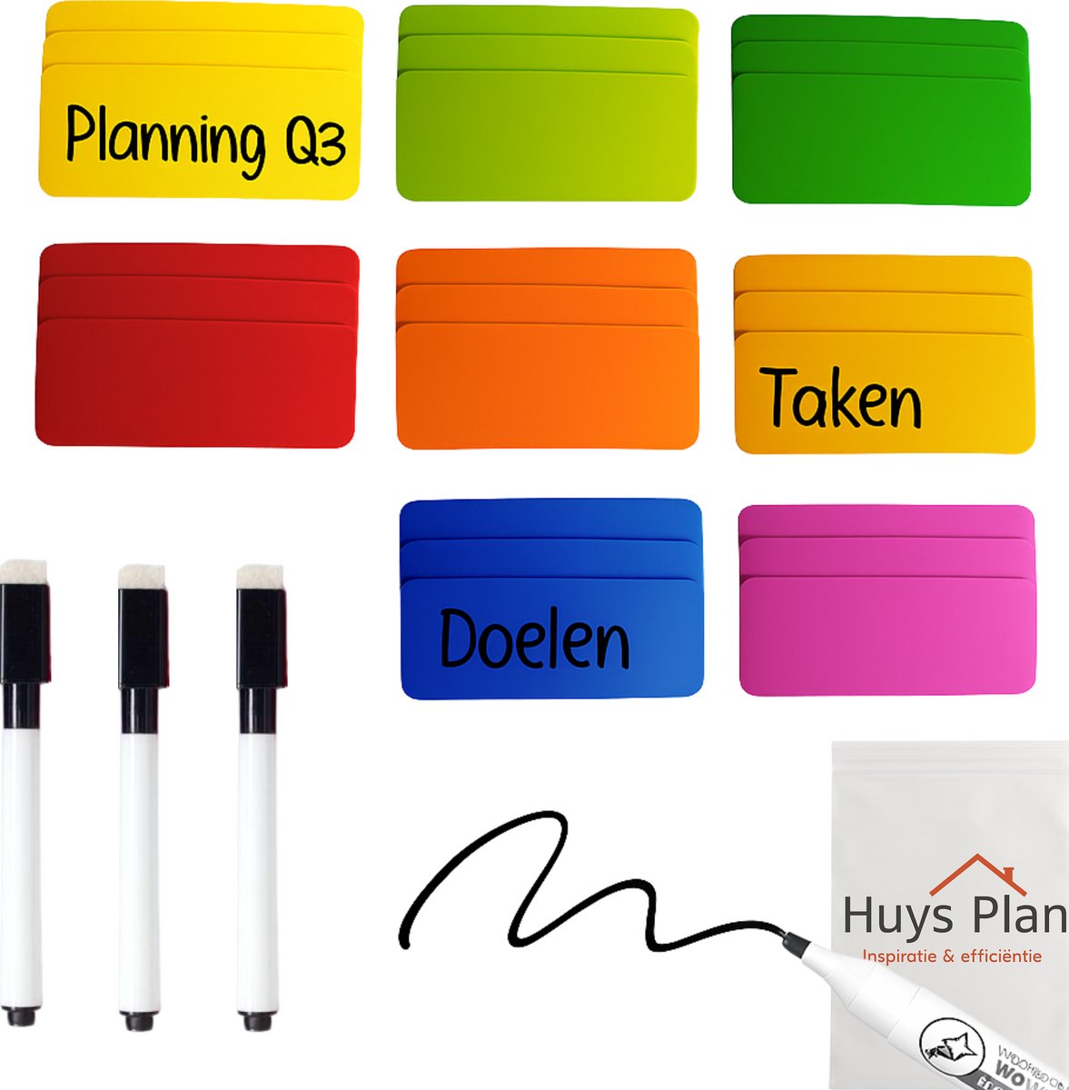 Huysplan® - Scrum Magneten - 36 stuks - 3 zwarte magnetische stiften met wisser - Voor Whiteboard, Magneetbord, Memobord of Magnetisch Tekenbord – Herschrijfbare Magneten op Koelkast - 8 cm Breed x 3cm Lang - 9 Kleuren - Magnetische labels