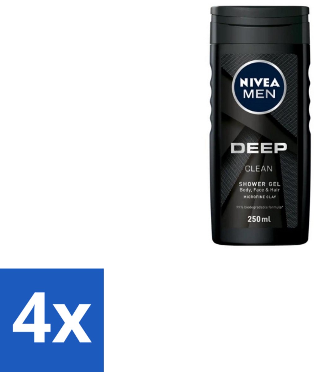 4 x NIVEA MEN - Douchegel - Deep Clean - 250 ml - Diepe Reiniging - Lichaam - Gezicht - Haar - Microfijne Klei