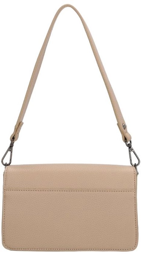 Achterkant van een beige dames schoudertas met een rechte, smalle schouderband.
