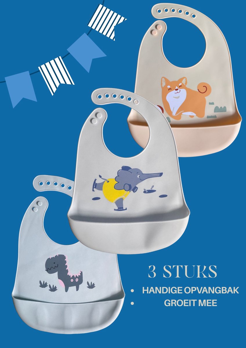 3 stuks Slabbetjes met Opvangbakje - Siliconen Slabber Baby Peuter - Verstelbaar en Waterproof - Kraamcadeau