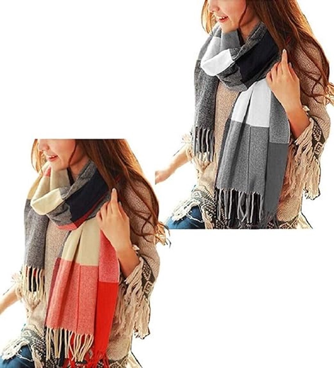 Dames geruit oversized kasjmier sjaal lange zachte wraps dames geruit oversized sjaal lange sjaal voor herfst en winter , 2 pakketten (rood blauw + zwart)