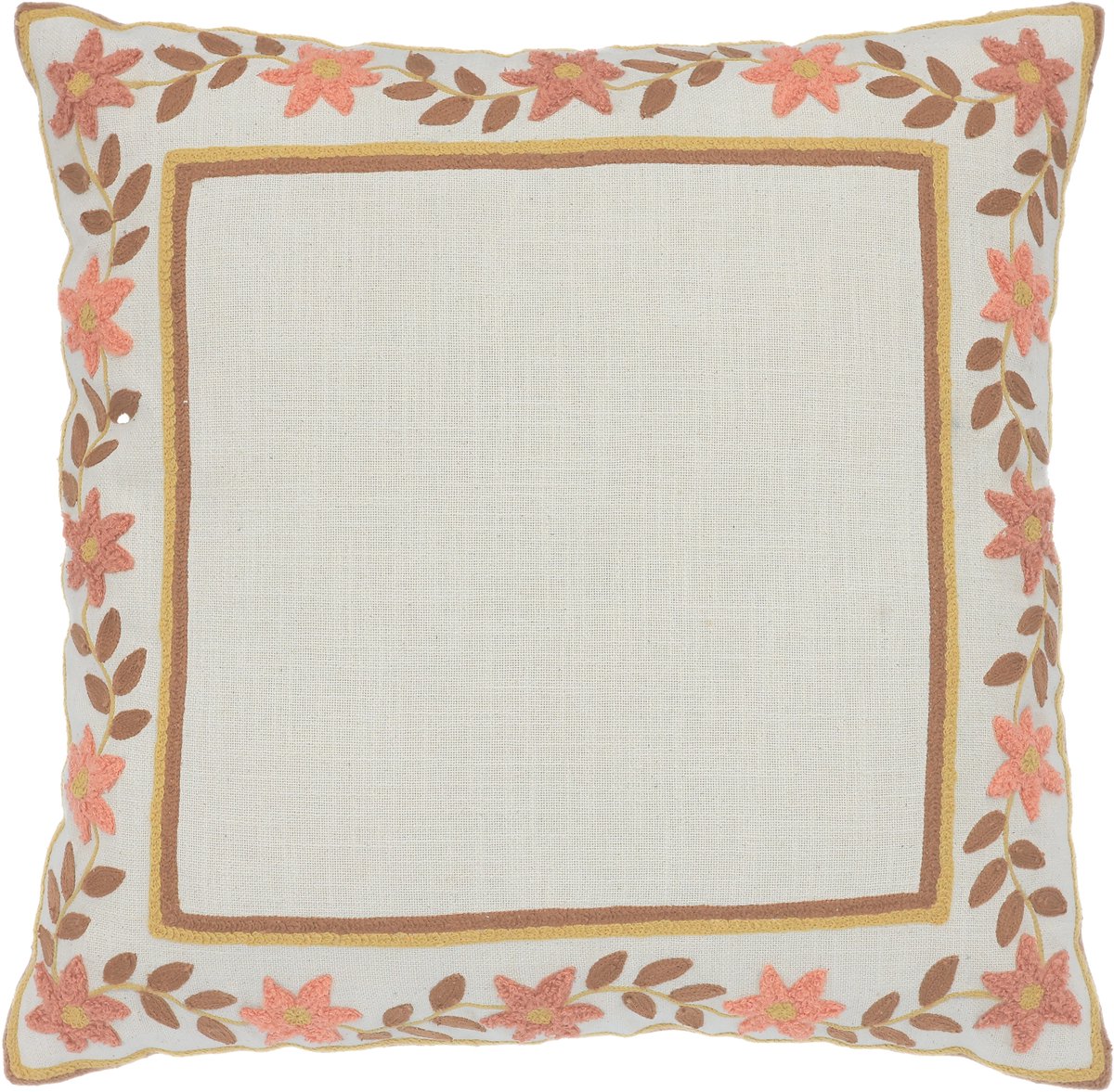 Urbane Hide Bloemlijn Geborduurde Kussenhoes 45x45 cm - Katoen & Acryl - Sierkussenhoes Beige met Oranje - Met Rits - Zonder Binnenkussen