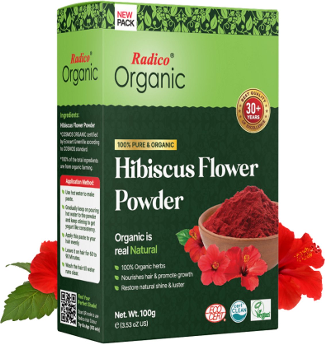 Radico ORGANIC HIBISCUS 100% Natuurlijke BIO Organic Vegan HAARGROEI, ANTI-ROOS, Kalmerende, Voedende Treatment, Haarmasker en SHAMPOO 3 in 1 met ECOCERT voor Vrouw en Man 100g