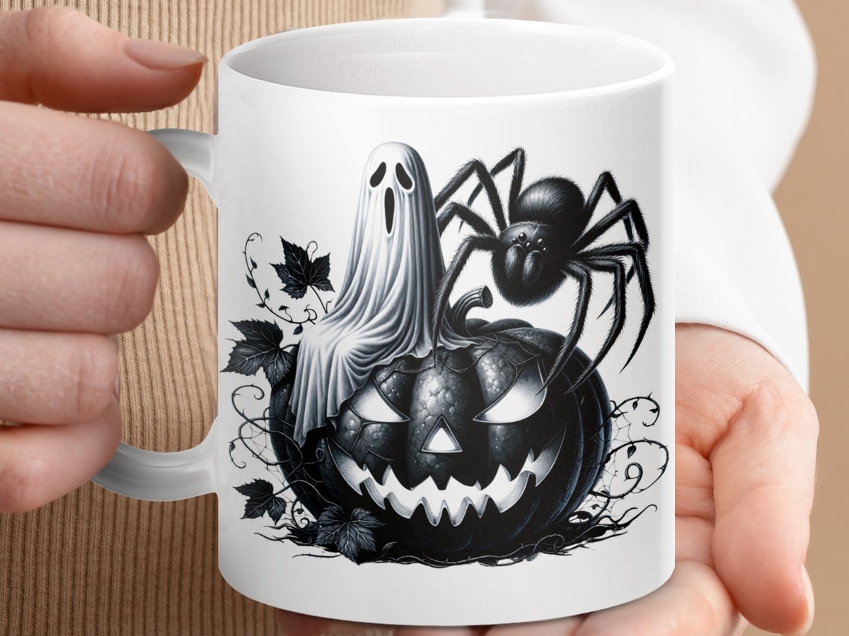 Mok Halloween Mug met spook, spin en pompoen, griezelige mok, herfstdecoratie, cadeau idee