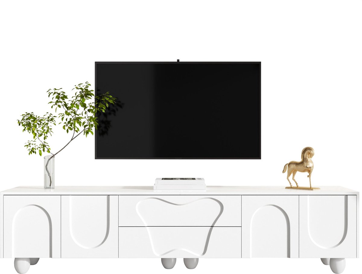 Merax TV-meubel 180 cm – Wit met Massief Houten Poten – Minimalistisch TV-dressoir met Veel Opbergruimte