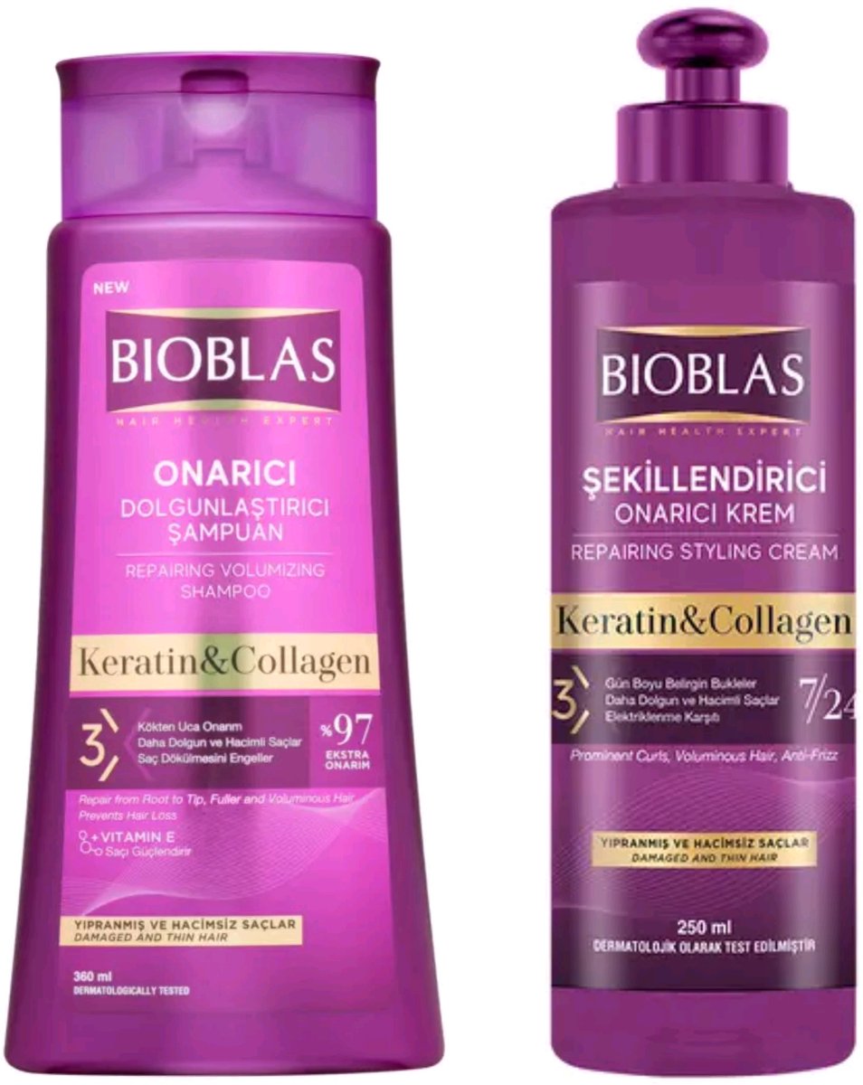Bioblas Keratine & Collageen Haarverzorging set - Shampoo 360 ml + Styling Cream 250ml - collageen shampoo - volume haarverzorging - Anti-haaruival - Haarverzorging