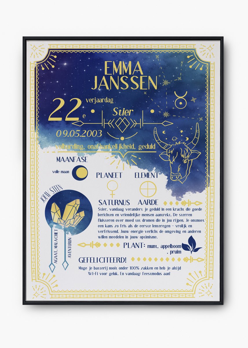 Gepersonaliseerde Sterrenbeeld Poster-Uniek Verjaardagscadeau-Zodiac Stier- Horoscoop & Geboortedatum-maat A4-verjaardagsposter