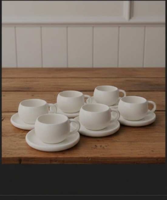 Zes witte porseleinen theekopjes met schotels op een houten tafel.