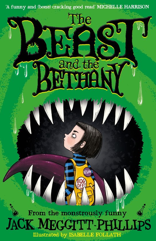 Boekomslag: Een meisje in een gele tuinbroek staat voor een monsterlijk wezen met grote tanden en de titel 'The Beast and the Bethany'.