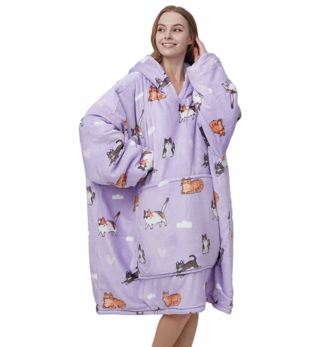 Q-Living Hoodie Deken - Plaid Met Mouwen - Hoodie - Snuggle Hoodie - Fleece Deken Met Mouwen - 1450 gram - Kat - Lila — cadeau in Wonen & Interieur - foto 6
