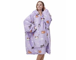 Q-Living Hoodie Deken - Plaid Met Mouwen - Hoodie - Snuggle Hoodie - Fleece Deken Met Mouwen - 1450 gram - Kat - Lila